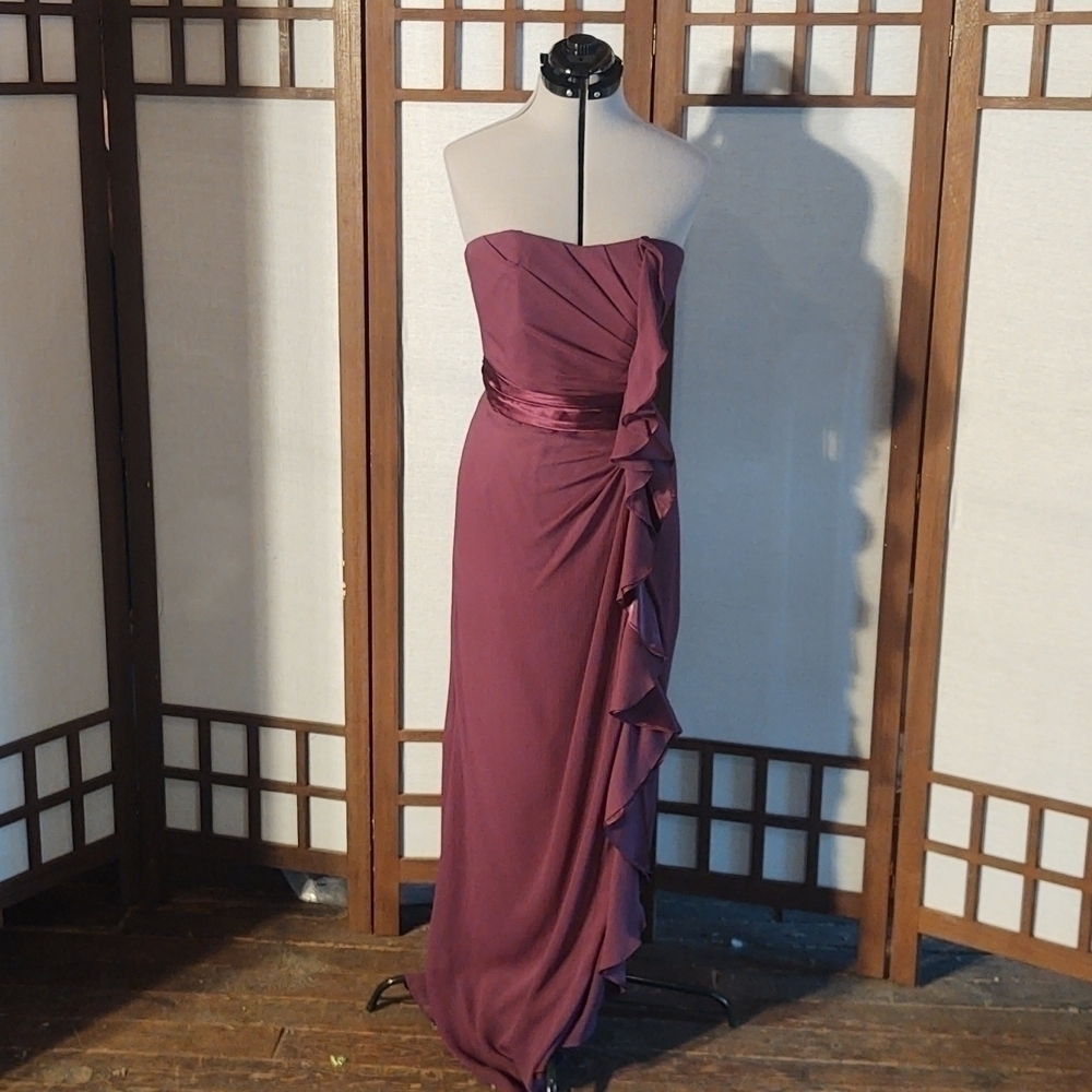 David's Bridal Long Strapless Dress with Front Ruffle Cascade Dress Sz 12